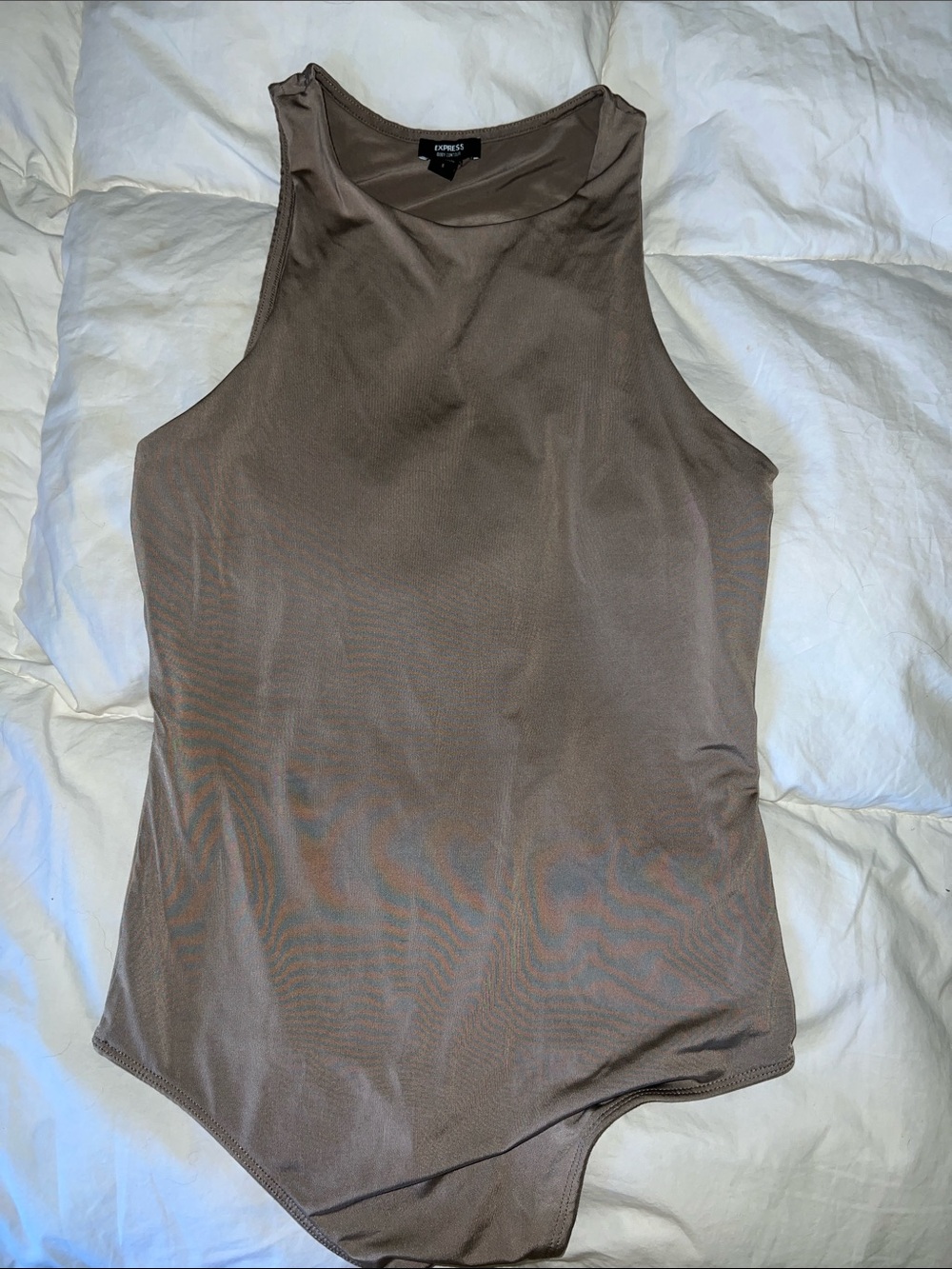 Express Sleeveless High-Neck Bodysuit in Taupe